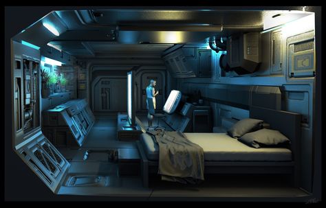 Spaceship Interior Bedrooms, Spaceship Bedroom, Sci Fi Bedroom, Room Concept Art, Scifi Room, Sci Fi Room, Scifi Interior, Room Concept, Fantasy Bedroom