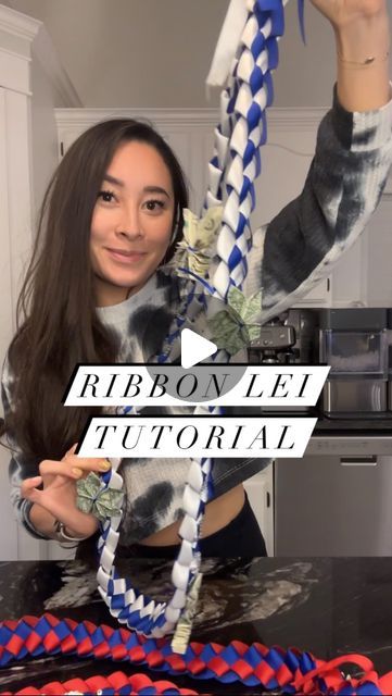 Michele Keaolani | Foodie Mama 🍽️ on Instagram: "❗️RIBBON LEI TUTORIAL❗️ First off, massive shoutout to my girl @jahsoulin for teaching me how to do these and sending me late night tutorials! 😘 you da best!!  -For this video I used 7/8” satin ribbon but you can use any size as long as they are both the same width. -each lei requires roughly 5-6 yds per of each color. So I used 5yds blue and 5yds silver. -You want to fold your first loop with the dull side out and toward you. This is so that when you begin folding loops, the shiny side is what shows up.  -cut ends at a diagonal to prevent fraying. •This is just a tutorial for the basic part of the lei but drop a comment if you would like to see how I made the money 💵 decorations on the leis I displayed at the end! Mahalo for following al 4 Ribbon Lei Tutorial, Ribbon And Money Lei, Senior Leis How To Make, Senior Night Lei Ideas, Senior Night Lei, Easy Ribbon Leis For Graduation, How To Make Graduation Leis With Money, Graduation Leis Tutorials, Graduation Leis Diy Ribbons 2 Colors