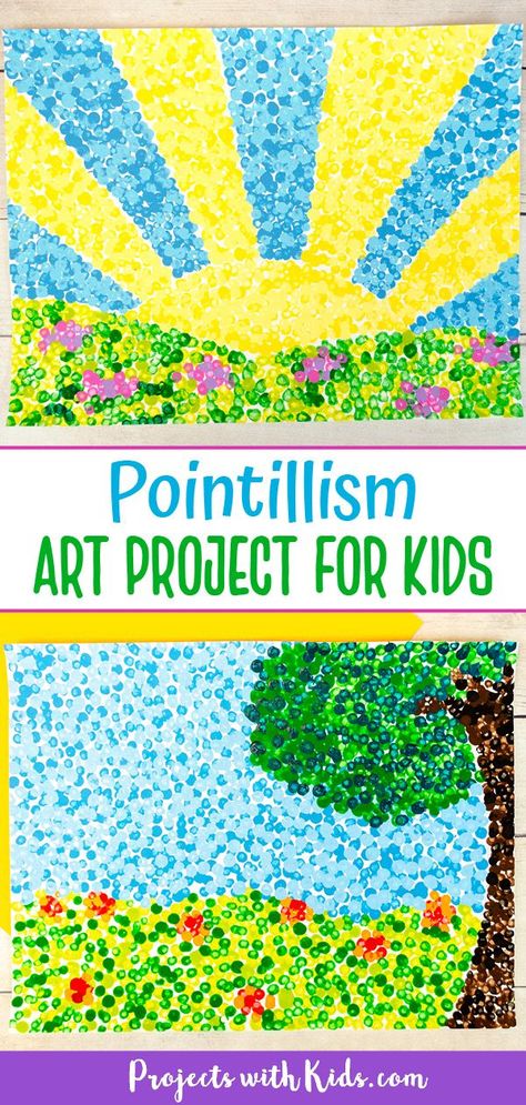 This pointillism for kids art project is fun for all ages! Try q-tip painting to create colorful art inspired by the famous artist Georges Seurat. Kids will love creating their own masterpiece! April Art Activities For Kids, Art And Crafts For Elementary School, April Art Projects For First Grade, Art Activities Inspired By Artists, Pointilism Art Ideas Georges Seurat, Art Projects For School Age, May Art Projects For Elementary, Gr 4 Art, 4 Grade Art Projects