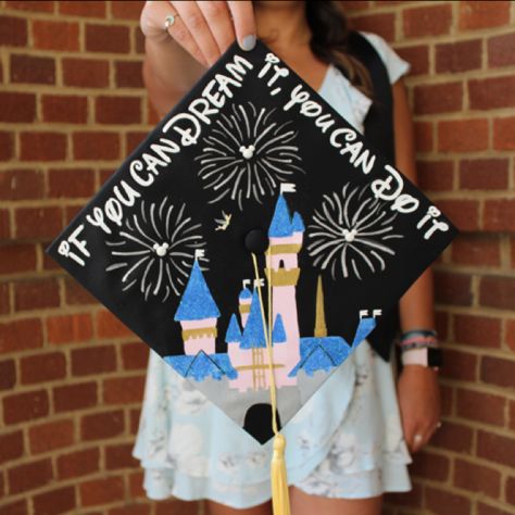 Disney Castle Graduation Cap, Disney Inspired Grad Caps, Disney Theme Graduation Cap, High School Grad Cap Ideas Disney, College Grad Cap Ideas Disney, Graduation Cap Ideas Disney, Disney Cap Ideas, Disney Graduation Cap Designs, Grad Cap Ideas Disney