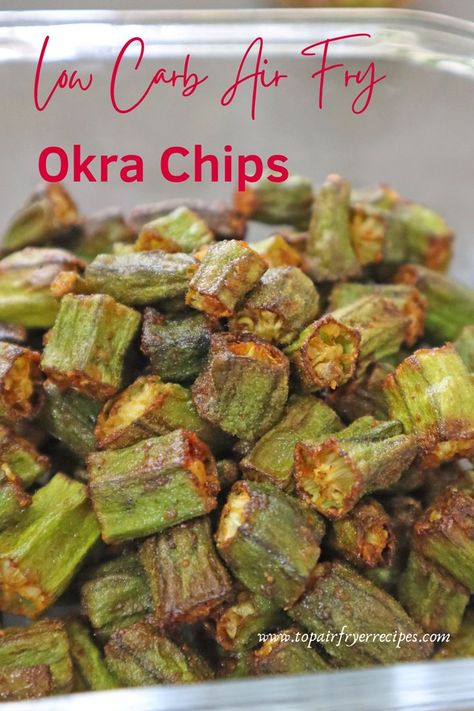 Low Carb Air Fryer Okra Chips Air Fried Okra Recipe, Air Fryer Okra, Okra Chips, Low Carb Air Fryer, Vegan Air Fryer, Roasted Okra, Super Healthy Snacks, Air Fryer Recipes Snacks, Fried Okra