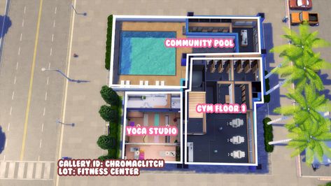 🏊‍♀️ FITNESS CENTER 🏊‍♀️ I wanted to make a yoga studio, but didn't have a small enough lot available in my save file lol. So I made a wellness/fitness set of businesses. There's a yoga studio, gym, and public pool on the lot. I'll do close-ups of the gym and pool another day. _______ Tags: #ts4build #ts4 #TheSims4 #simstagrammer #sims4builds #sims4 #ShowUsYourBuilds #sims4build #thesims4builds Sims 4 Gym Interior, Sims 4 Gym Layout, Sims 4 Gym Build, Gym Sims 4, Sims 4 Gym, Public Pool, Studio Gym, Sims Houses, Gym Interior