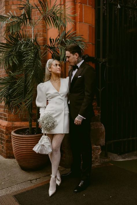 Winter City Hall Wedding Dress, Mini Wedding Dresses Long Sleeve, Short Sleeves Wedding Dress, Legal Wedding Outfit Bride, Short Wedding Dress With Tights, Short Wedding Dress With Long Sleeves, Short White Dress Long Sleeve, Long Sleeve Mini Wedding Dress, Short Wedding Dress Long Veil