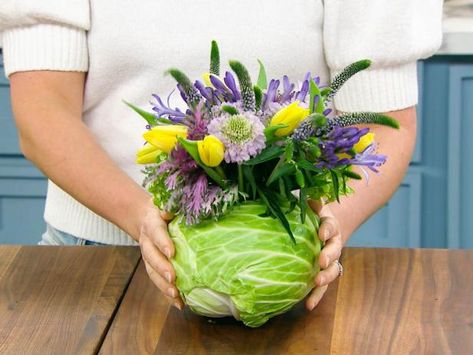 How to Make a Cabbage Vase for Spring Table Decor | The Kitchen: Food Network | Food Network Spring Pea Salad, Spring Feast, Kitchen Entertaining, Spring Centerpieces, Slow Cooked Brisket, Cabbage Flowers, The Kitchen Food Network, Vase Making, Food Bouquet