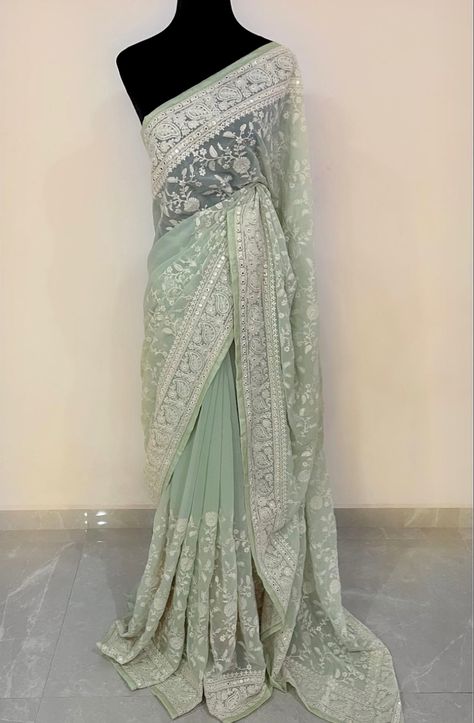 White And Green Saree, Mint Saree, Green Indian Outfit, Mint Green Saree, Earrings For Saree, Net Saree Blouse, Eid 2024, Nikkah Outfit, Scene Inspiration