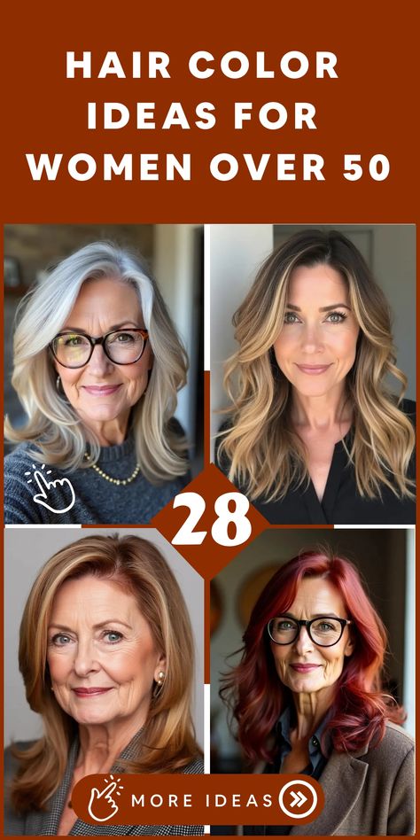 Celebrate the beauty of your 50s with these sophisticated hair color inspirations created specifically for women over 50. From soft highlights to daring vibrant shades, discover options that will enhance your natural charm and align perfectly with your individual style and complexion. Embrace your newfound confidence by exploring a spectrum of hair colors that mirror your inner glow and vitality. Express yourself through refreshing hues tailored to highlight the elegance of ageless beauty. Colored Hair For Older Women, Hair Color Ideas For Women Over 55, Hair Colour For Over 50's, Hair Color Over 50 Women, Hair Color Ideas For Over 50, Hair Color That Makes You Look Younger, Hair Color Over 60 Older Women, Hair Color For Women Over 40 Colour, Hair Color For Over 50