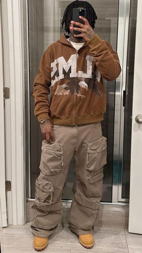 Streetwear Fashion Men Y2k, Winter Outfits Black Men, Timbs Outfit Men, Brown Outfit Men, Men Streetwear Outfits, Tuff Fits, Men Streetwear Fashion, Male Streetwear, Street Style Outfits Casual