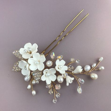 Wedding hair pin white flower crystal leaf Bridal hair piece Pearl headpiece for wedding Rose gold h Bridal Hair Half Up Half Down, White Bridal Flowers, Rose Gold Hair Piece, Pearl Headpiece Wedding, Bridal Hair Half Up, Gold Hair Piece, Wedding Hair Pin, Hair Half Up Half Down, Bridal Hair Pins Pearl