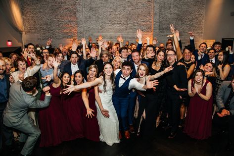 group photo of bride and groom with all their guests on the dance floor at their wedding day. Guests are cheering and having fun. #dancefloor #groupphoto #weddingguests Gatsby Vibes, Ebell Long Beach, Wedding Group Photos, Photo Of Bride, Orange County Wedding Venues, Photography List, Mayfair Hotel, Wedding Venue Los Angeles, Southern California Wedding Venues