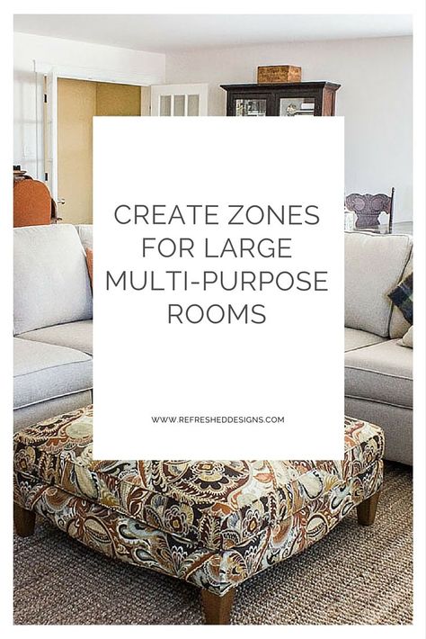 create zones for large multi-purpose rooms Multi Use Family Room Ideas, Multi Purpose Basement Ideas, Multi Purpose Living Room Layout, Upstairs Game Room Ideas Layout, Multi Purpose Family Room, Multi Purpose Basement Layout, Multi Purpose Bonus Room, Large Multipurpose Room, Multi Purpose Living Room Ideas