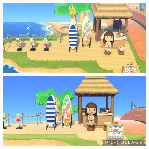 Used the small little island area to put my little surf shop. Shop Area Acnh, Animal Crossing Surf Shop Ideas, Acnh Surf Shop Ideas, Surf Shop Animal Crossing, Acnh Small Area Ideas Beach, Acnh Surf Shop Design, Animal Crossing Yoga Area, Animal Crossing Surf Shop, Animal Crossing Pool Area