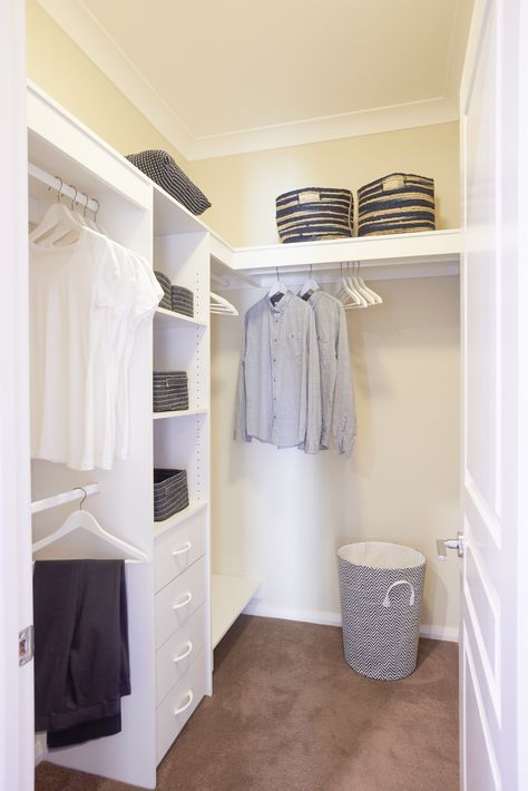 Walkin Robe Designs, Walk In Wardrobe Narrow Space, Small Walk In Robe Organisation, Corner Walk In Robe Ideas, Walk In Robe Layout Small, Small Walkin Wardrobe Ideas, Walk In Wardrobes Ideas, Small Walk In Robe Layout, Walk In Robe Small