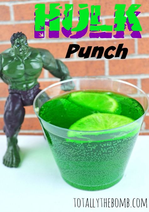 Make your own Hulk punch- lemonade, lime cordial, fresh limes, food colouring. Hulk Smash Party, Incredible Hulk Party, Hulk Punch, Hulk Birthday Parties, Hero Ideas, Hulk Party, Super Hero Party, Marvel Party, Hulk Birthday