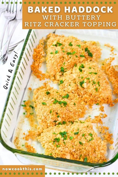 This quick and easy baked haddock with Ritz cracker topping - also known as New England style baked haddock - is absolutely delicious and ready to eat in just 30 minutes. Tender, flaky and mild haddock is seasoned with Old Bay and topped with crisp, buttery Ritz cracker crumbs with a hint of garlic. It's a simple fish dinner that's perfect for any night of the week and is sure to become a family favorite! Get the recipe and try it! Baked Haddock Recipes, Ritz Cracker Topping, Baked Haddock, Ritz Cracker Recipes, Haddock Recipes, Bread Crumbs Recipe, Cracker Toppings, Fish Recipes Baked, Ritz Cracker