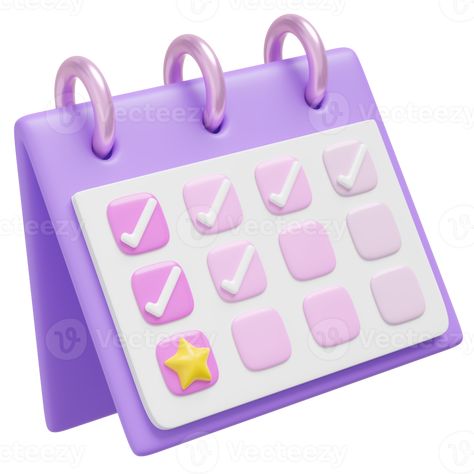 Icono de asignación de calendario 3D. calendario morado con signo de marca de verificación flotando en transparente. día estrella para evento, plan de vacaciones, concepto de recordatorio. icono de dibujos animados mínimo suave. representación 3d Violet Icon, 3d Calendar, Purple Icon, Check Mark, Purple Background, Purple Backgrounds, Background Wallpaper, App Icon, Simple Design