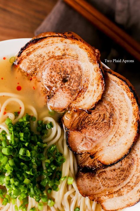 Chashu (Japanese Braised Pork Belly) #chashu #japaneserecipe #porkbelly #sake #mirin #negi #ginger #garlic #meat #dinner #dinnerrecipe | Two Plaid Aprons Japanese Braised Pork Belly, Chashu Pork, Shrimp With Lobster Sauce, Fried Rice Seasoning, Chinese Roast Pork, Turnip Cake, Lobster Sauce, Bbq Roast, Plaid Apron