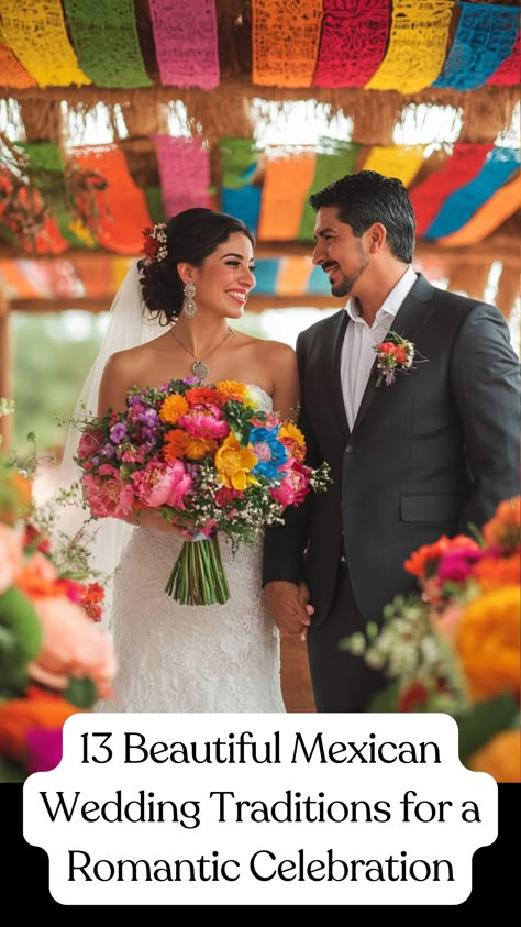 Mexican wedding ceremony featuring colorful decorations and traditional customs like the lasso and arras exchange. Argentinian Wedding Inspiration, Mexican Wedding Palette, Mexican Chinese Wedding, Chinese Mexican Wedding, Mexican Wedding Reception Ideas, Mexican Fiesta Decorations Ideas, Coco Wedding Theme, Wedding Color Schemes Mexican, Vintage Mexican Wedding Aesthetic