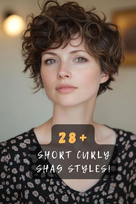 Curious about the short curly shag? 🌀✂️ Click to unveil 28 trendy styles that blend texture and volume for a bold, fresh look. Dive into the curl revolution! #ShortCurlyShag #CurlyHairstyles #FreshLook #CurlRevolution #TrendyHair Short Pixie For Curly Hair, Short Curly Round Face, Chin Length Curly Haircuts, Short Haircuts For Thick Curly Hair Round Faces, Short Curly Shag Hairstyles, Short Curly Fine Hair, Very Short Curly Hair Pixie, Short Curly Bob With Bangs, Short Curly Shag With Bangs