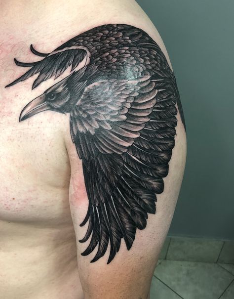 Raven Tattoo by Liam @ Atomic Zombie Tattoos in Edmonton, AB Ravens Tattoo Design, Ravens Tattoo, Shoulder Tattoo Men, Catholic Tattoos, Ab Tattoo, Zombie Tattoos, Raven Wings, Tattoo Sleeves, Raven Tattoo