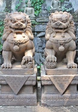 Stone Pair of Guardian Lions or Foo Dogs 51" Chinese Lion Statue, Japan Tattoos, Dog Statue Sculpture, Garden Buddha, Foo Dog Tattoo, Lotus Sculpture, Chinese Lion, Foo Dog Statue, Buddhist Art Drawing