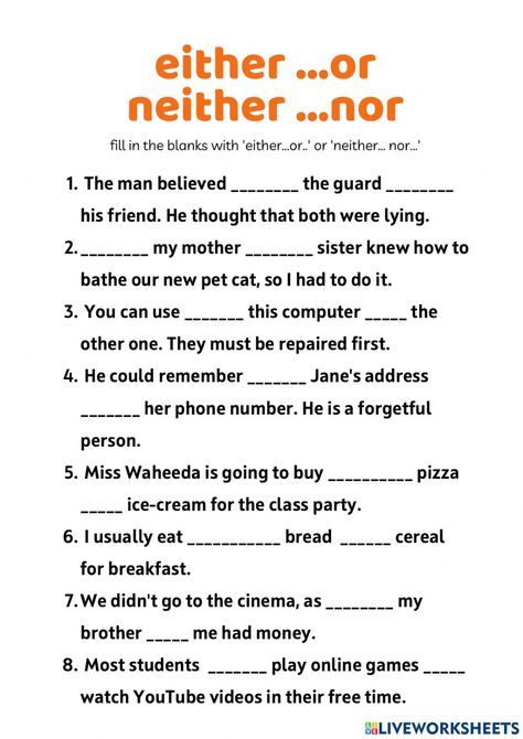 Either Or Neither Nor Worksheet, Correlative Conjunctions Worksheet, Grade 5 English, Neither Nor, Correlative Conjunctions, Tense Worksheet, Past Tense Worksheet, Conjunctions Worksheet, Esl Materials