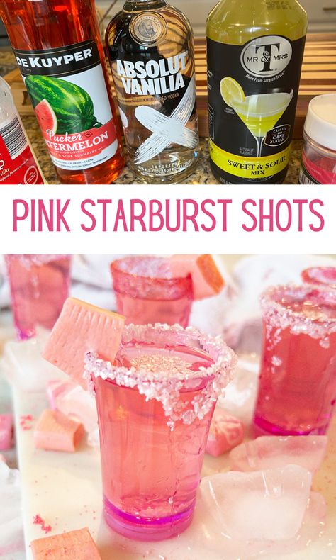 Starburst Shots Recipe, Pink Starburst Jello Shots Recipe, Pink Lemonade Shots, Shots Made In Bulk, Fun Drinks For 21st Birthday, 21st Birthday Shots Recipes, Pink Starburst Drink Alcohol, Hot Pink Alcoholic Drinks, Pink Girly Alcoholic Drinks