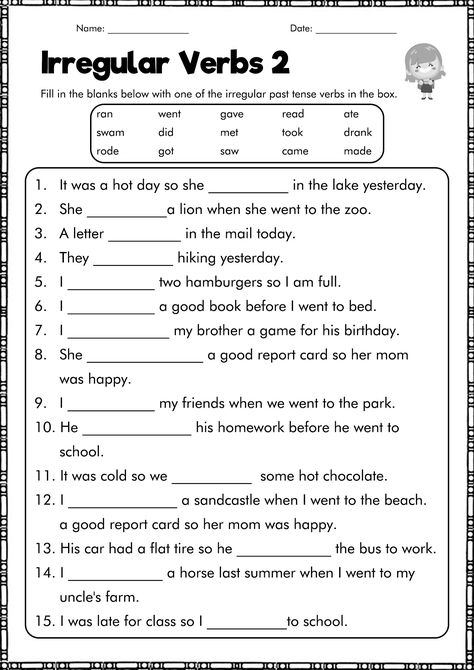 Verbs Worksheet 2nd Grade, Simple Past Tense Worksheet, Action Verbs Worksheet, Past Tense Worksheet, Past Tense Verbs, Verbs Activities, Verbs Worksheet, Irregular Past Tense Verbs, Irregular Past Tense