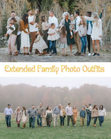 Large Family Outdoor Photoshoot Fall, Family Picture Outfits Large Family, Fall Extended Family Pictures Outfits Color Schemes, Family Photo Outfits Large Group, Fall 2023 Photoshoot, Color Palette For Large Family Photos, Large Family Fall Photoshoot Outfits, Fall Large Family Pictures Outfits, Outdoor Picture Outfit Ideas