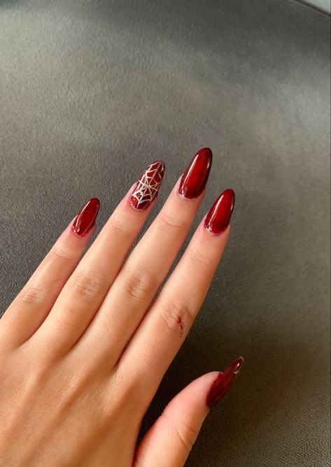 Spiderman nails , red nails , chrome nails , nailart, nail inspo , nail designs Red Nails Spiderman, Nail Inspo Spiderman, Red Nail Designs Almond, Simple Spiderman Nails, Spiderman Inspired Nails, Spiderman Nails Designs, Red Nails Halloween, Spiderman Nail Art, Red Nails Chrome