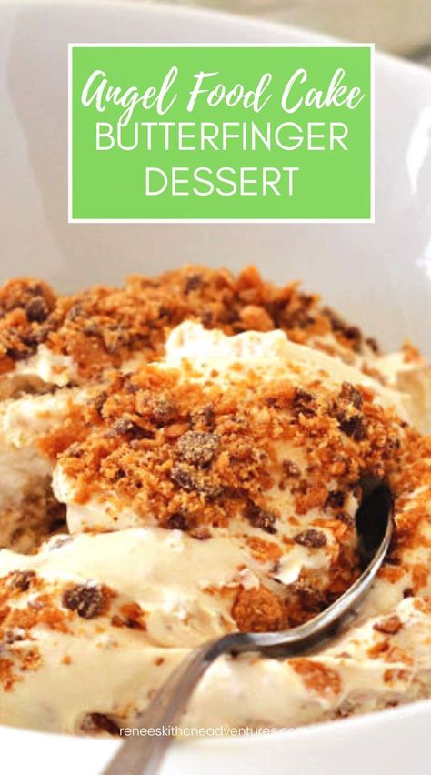 A bowl of butterfinger dessert with spoon, ready to eat. Butterfinger Dessert Angel Food, Angle Food Cake Dessert, Light Desserts Easy, Butterfinger Dessert, Angel Food Trifle, Angel Food Cake Trifle, Butterscotch Desserts, Butter Finger Dessert, Angel Food Cake Desserts