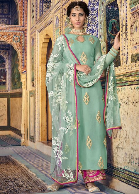 Buy Online Eye Catching Sea Green Party Wear Palazzo Style Suit Pastel Suit, Diwali Dresses, Suit Pakistani, Diwali Outfits, Suit Ideas, Pakistani Suit, Palazzo Suit, Sharara Suit, Celadon Green