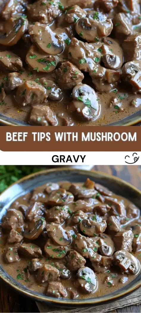 Beef Tips with Mushroom Gravy Beef Tips With Mushroom Gravy, Tender Beef Tips, Steak And Rice, Beef Tips And Gravy, Steak Tips, Easy Steak Recipes, Best Chili, Best Chili Recipe, Easy Steak