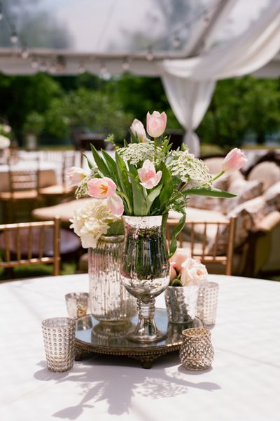 Tulip Wedding Flowers, Wedding Flowers Table, Wedding Centerpeices, White Stripes Wedding, Tulip Wedding, Silver Centerpiece, South Carolina Wedding, Silver Decor, Social Event