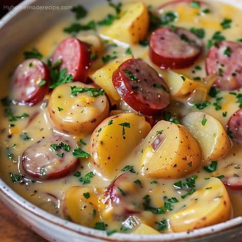 Hearty Kielbasa Potato Soup - Easy Recipe - My Home Made Recipe Turkey Kielbasa And Potatoes, Polish Kielbasa And Potatoes, Kielbasa Potato Recipes, Soup Recipes With Polish Sausage, Creamy Kielbasa Soup, Kielbasa Sausage Soup Recipes, Kielbasa Potato Soup Crock Pot, Fried Potatoes And Kielbasa, Kielbasa And Potatoes Soup