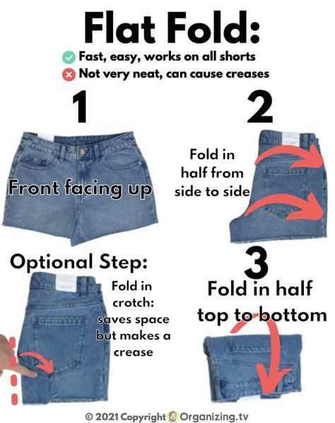 A quick and easy way to fold shorts. It is a classic that a lot of people use for their shorts drawers. It is not very neat, but if you don't like doing laundry this is the quickest way to get it over with #laundry #fold #shorts How To Fold Shorts To Save Space Drawers, Folding Jean Shorts To Save Space, Organize Shorts Drawer, How To Fold Jean Shorts To Save Space, How To Fold Cargo Shorts, How To Fold Jean Shorts, Shorts Organization Closet, Fold Shorts To Save Space, How To Fold Shorts In Drawer