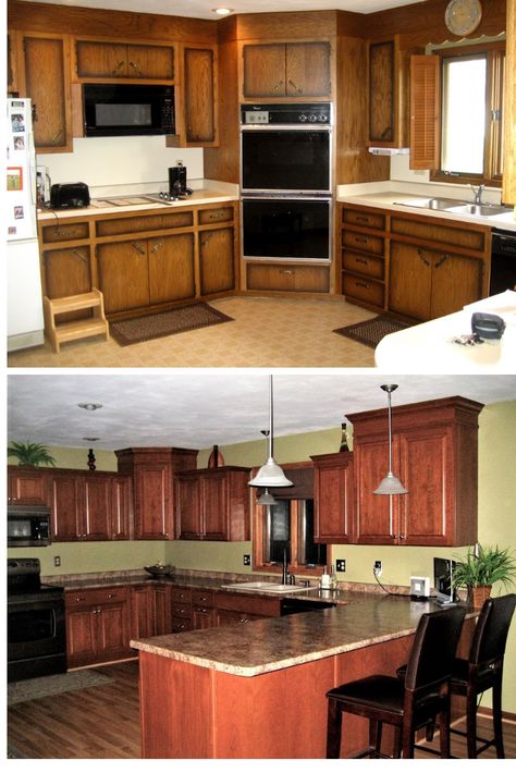 Before and after kitchen.  Changed the appliances and layout for additional counter top work space. Before And After Kitchen, Counter Top, Work Space, Countertops, Kitchens, Kitchen Cabinets, Layout, Home Decor, Home Décor