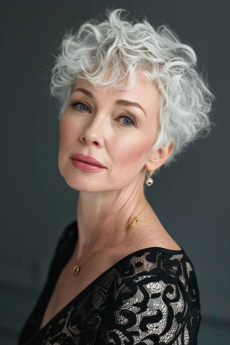 Medium Permed Hairstyles, Curly Silver Hair, Medium Length Curls, Short Curly Hairstyles For Women, Curly Pixie Hairstyles, Short White Hair, Grey Curly Hair, Short Silver Hair, Hairstyles For Women Over 60