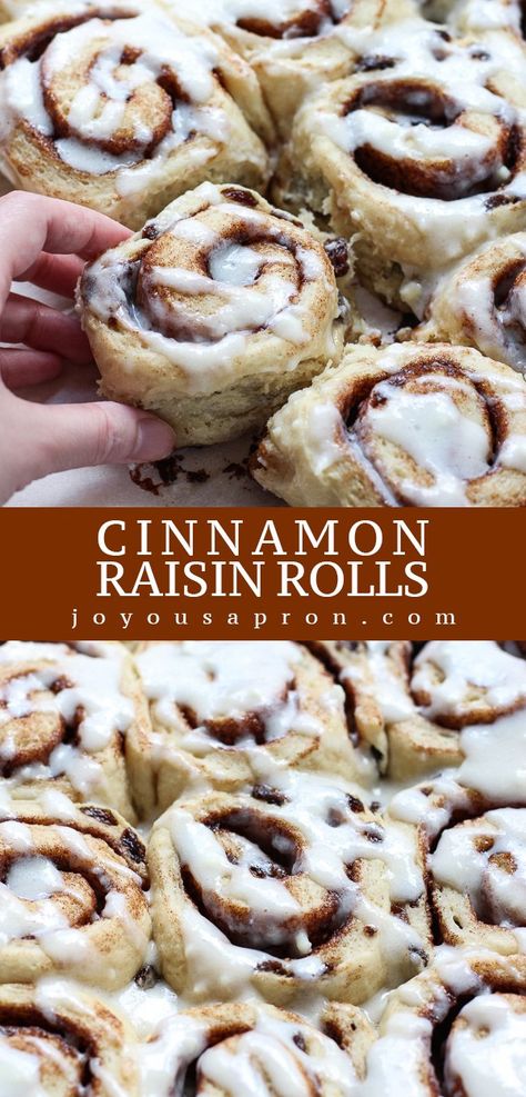 Cinnamon Raisin Rolls - Warm and soft pull-apart bread filled with raisins, brown sugar and of course, lots of cinnamon. Topped with sticky sweet glaze. These rolls are divine and perfect for breakfast, dessert, or any time of the day! #cinnamon #bread #cinnamonroll #joyousapron #brunch #recipe Raisin Rolls Recipe, Cinnamon Raisin Rolls, Raisin Rolls, Raisin Bran Cereal, Raisin Bran, Raisin Recipes, Bran Cereal, Sweet Glaze, Cinnamon Raisin Bread