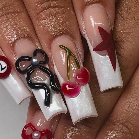 valerie ˖⁺. ༶ ⋆˙⊹ dallas nail artist ❀ on Instagram: "🎱🍒 • • • • • #dallasnailtech #dallasnails #dallasnailart #dallasnailartist #dfwnails #dfwnailtech #dfwnailartist #nailsofdallas #cherrynails #cherrynailart #fruitnails #3dnailart #3dnails #charmnails #starnails #starnailart #eightballnails #y2knails #y2knailart #2000snails #chromenails #texturednails #iridescentnails #pearlnails #explore #explorepage" Lottery Nails, 8ball Nails, Glitzy Nails, Better Nails, Ball Nails, Cherry Nail Art, Star Nail Art, Cherry Nails, Long Nail Designs