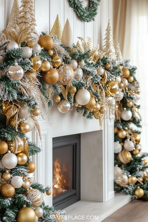 Transform your living room into a festive haven with these 21+ fireplace decor ideas for Christmas 2024! Create a cozy and magical holiday ambiance with garlands adorned with twinkling fairy lights, stockings in classic red and white, and elegant ornaments. Go for a rustic farmhouse vibe with natural greenery, pinecones, and plaid accents, or opt for a chic modern look with metallic gold and silver decor. #FireplaceDecor #ChristmasDecor2024 #HolidayHomeIdeas #FestiveFireplace Silver Christmas Mantle Decor, Elegant Christmas Decor Ideas For Living Room, Rustic Christmas Mantle Decor, Christmas Mantle Ideas, Christmas Decor Fireplace, Rustic Christmas Mantle, Christmas Chandelier Decor, Christmas Fireplaces, Decor Ideas For Christmas