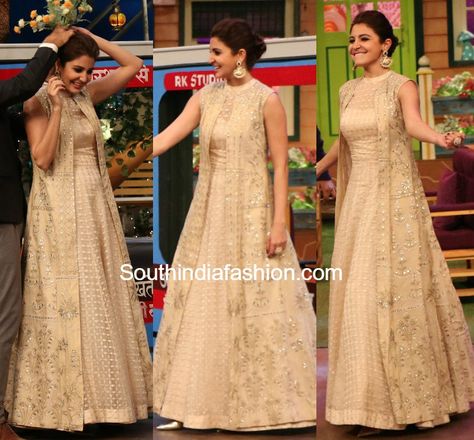 Anushka Sharma for ADHM Ae Dil Hai Mushkil promotions in Anita Dongre gown and long jacket on kapil sharma show Dongre Dress, Long Jacket Dresses, Anarkali Designs, Gown With Jacket, Comedy Nights, Shrug For Dresses, Anita Dongre, Indian Gowns Dresses, Bollywood Style