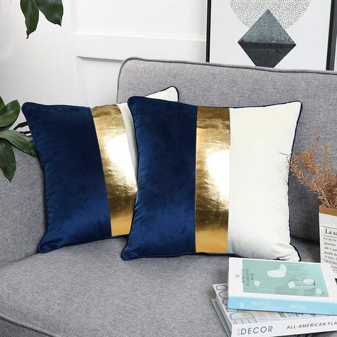 Kacopol Leather Patchwork Cushion Decorative Royal Luxury Bedroom Design, Blue And Gold Living Room, Grey And Gold Bedroom, Royal Bedroom Design, Blue And Gold Bedroom, Gold Bedroom Decor, Blue Living Room Decor, Couch Living Room, Pillow For Couch