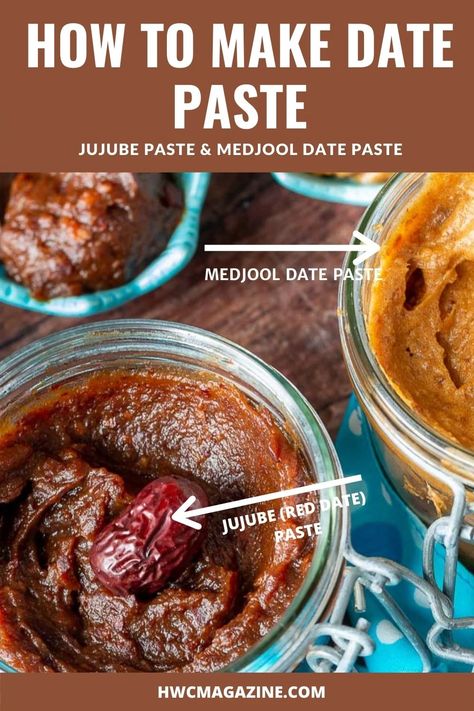 Learn how to make date paste (with Medjool dates) or jujube paste (with Chinese red dates) for an easy way to naturally sweeten baked goods, beverages, and other recipes WITHOUT refined sugar. #HWCMagazine #datepaste #dates #medjool #jujubes #jujubepaste #reddates #chinesereddates #naturalsweetener #naturescandy #howtopitdates #hongzao #datespread Date Jam, Date Paste, Date Recipes, Global Cuisine, Medjool Dates, Red Dates, Global Recipes, Natural Sweeteners, Good Healthy Recipes