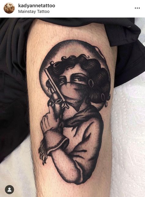 Gunslinger Tattoo Ideas, Cowgirl Gunslinger Tattoo, Western Pinup Tattoo, Traditional Leg Sleeve, Traditional Tattoo Black And White, Outlaw Tattoo, Traditional Tattoo Woman, Leg Tats, Wife Tattoo