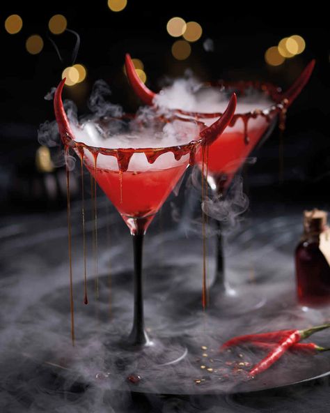 Red Devil Cocktail - ALDI UK Table Halloween, Drink Garnishing, Keto Grocery List, Skillet Dishes, Red Cocktails, Halloween Cocktails, Strawberry Sauce, Red Food Coloring, Halloween Drinks