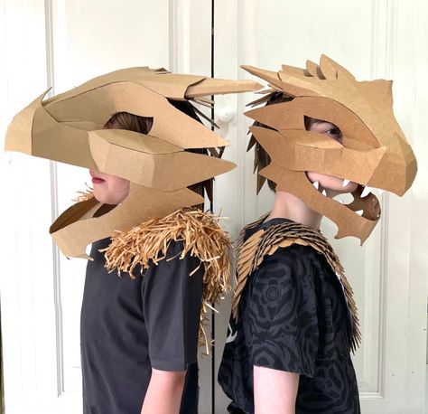 Cardboard Dragon Head, Cardboard Dragon, Diy Dragon Costume, Diy Dragon, Frankenstein Costume, Cardboard Costume, Cardboard Mask, Space Costumes, Dragon Heads