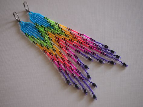 long neon color block seed bead fringes! bright glossy neons w black & hematite contrast. statement beaded fringes. neon rainbow earrings Neon Seed Bead Jewelry, Rainbow Seed Bead Earrings, Neon Seed Bead Earrings, Rainbow Beaded Earrings, Neon Beaded Earrings, Neon Beadwork, Seed Bead Earrings Tutorial How To Make, Seed Bead Earrings Patterns, Seed Bead Earrings Diy