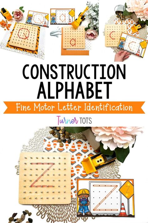 Combine literacy and fine motor skills with these geoboard task cards. This construction themed activity is a fun, hands-on letter building activity that your preschoolers will ask to do again and again! Simply print the alphabet cards and gather your geoboards and rubber bands. Let your little workers build letters as they practice letter identification. Click to get the fine motor alphabet activity today! Construction Dramatic Play, Construction Alphabet, Letter Building, Literacy Activities Preschool, Peg Boards, Alphabet Activity, Construction Signs, Science Skills, Construction Activities