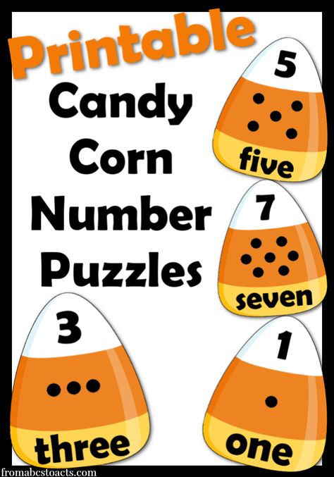 These are SO easy to use and lots of fun!!  Just print and cut into 3 pieces!  These printable candy corn number puzzles are perfect for preschoolers and kindergarteners that are learning their numbers! Candy Corn Math, Halloween Activities Preschool, Halloween Kindergarten, Hallowen Ideas, Fall Kindergarten, Halloween Classroom, Halloween Math, Halloween Preschool, Number Puzzles