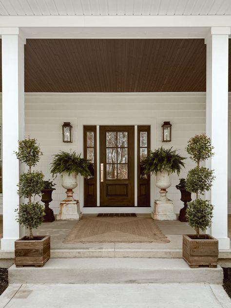 Front Door With Side Windows, Door With Side Windows, Exterior Bench, French Country Front Door, Porch Plants, Porch Sitting, Porch Addition, Door Entry, Wood Planter Box